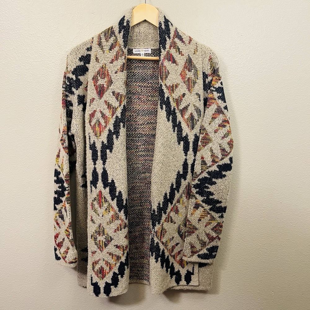 Woven Heart Open Front Shawl Cardigan Aztec Southwestern Boho Cozy Cabin Fall XL